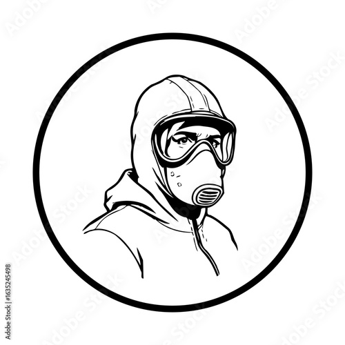 Conceptual vector artwork showcasing a person wearing protective gear within a circular frame for safety awareness