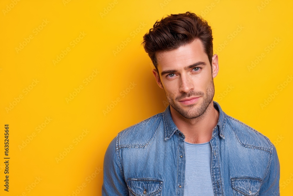 Obraz premium Attractive man gazing at the camera against a yellow backdrop