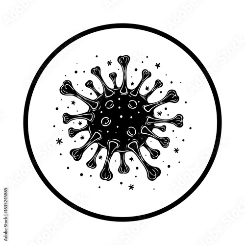 A detailed monochrome illustration of a virus cell within a circle with surrounding particles