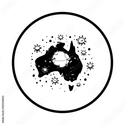 Australia map silhouette surrounded by coronavirus particles depicts global pandemic impact across the continent showcasing public health concerns