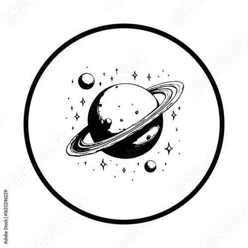 Whimsical saturn illustration, galaxy, celestial bodies, and ringed planet design for cosmic exploration and dreams