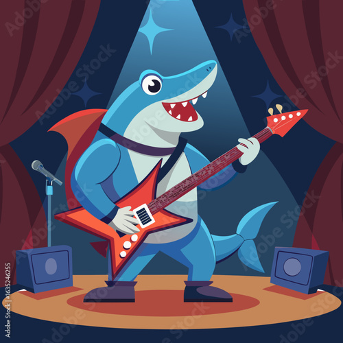 Blue shark plays red electric guitar on stage playing