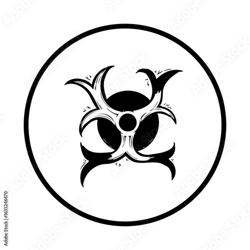 Abstract biohazard symbol in circular frame evokes caution and warnings in contemporary designs to attract attention