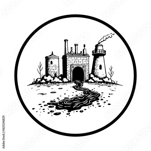 Vintage industrial illustration showcasing pollution and environmental issues with factory buildings and a contaminated river within a circular frame
