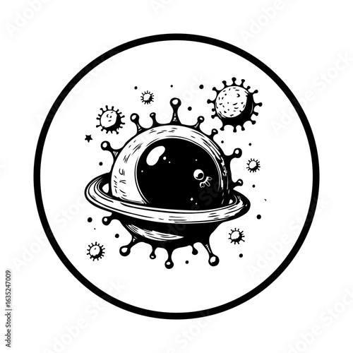 A whimsical cartoon depiction of a planet resembling a virus creating a fun space themed design
