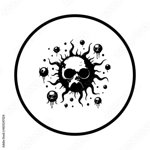Macabre sun with skull face surrounded by tearful skulls in black and white circular frame design