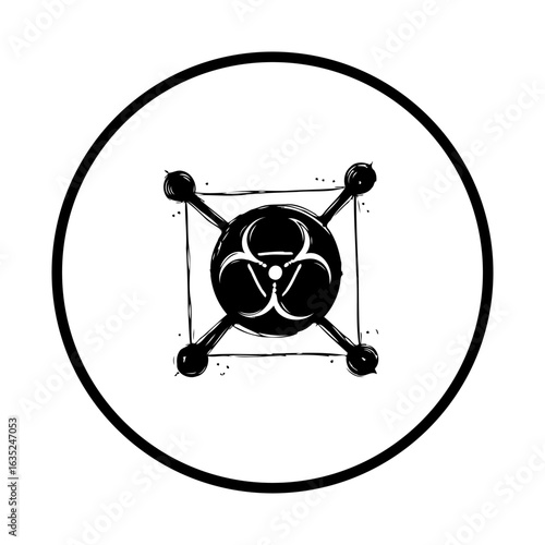 Iconic biohazard symbol framed with connected spheres representing biological risks and scientific safety measures for public health