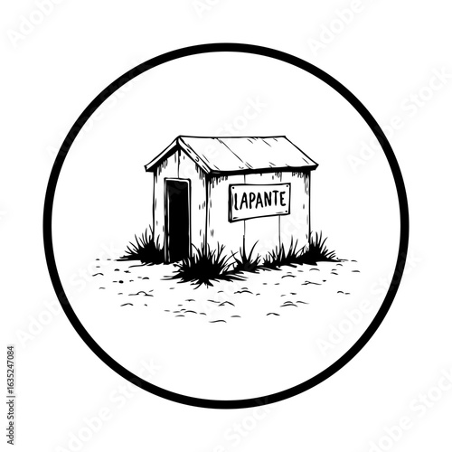 Vintage style illustration showcasing a small shed with the word lapante within a circular frame