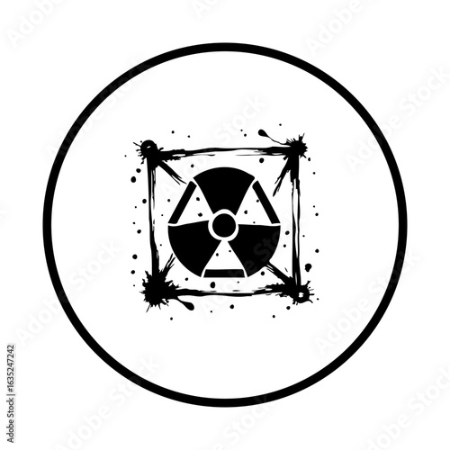 Stylized radiation hazard warning within a square and circle frame offering a stark minimalist design