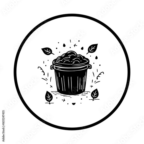 A whimsical black and white illustration depicting a brimming compost bin surrounded by scattered leaves, showcasing environmental consciousness