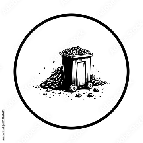 Illustrative representation depicting a small mine cart overwhelmed by a mound of extracted resources within a defined circle