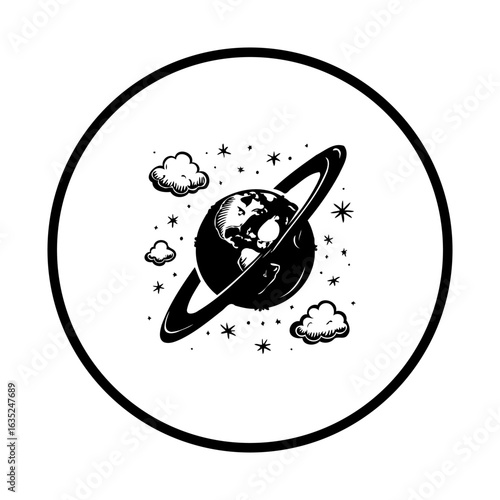 A captivating black and white illustration of a planet with rings amidst clouds and stars offering cosmic charm