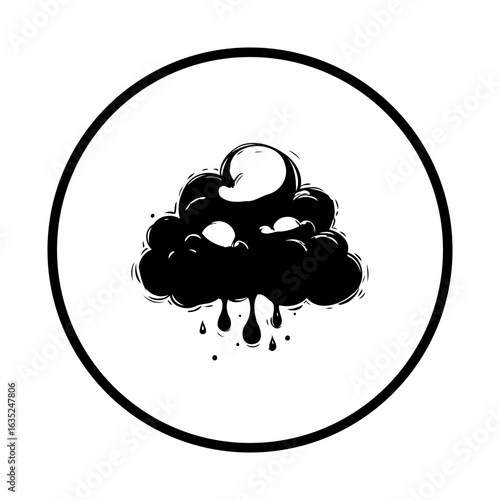 Stylized black cloud illustration with dripping raindrops representing bad weather surrounded by a circular border