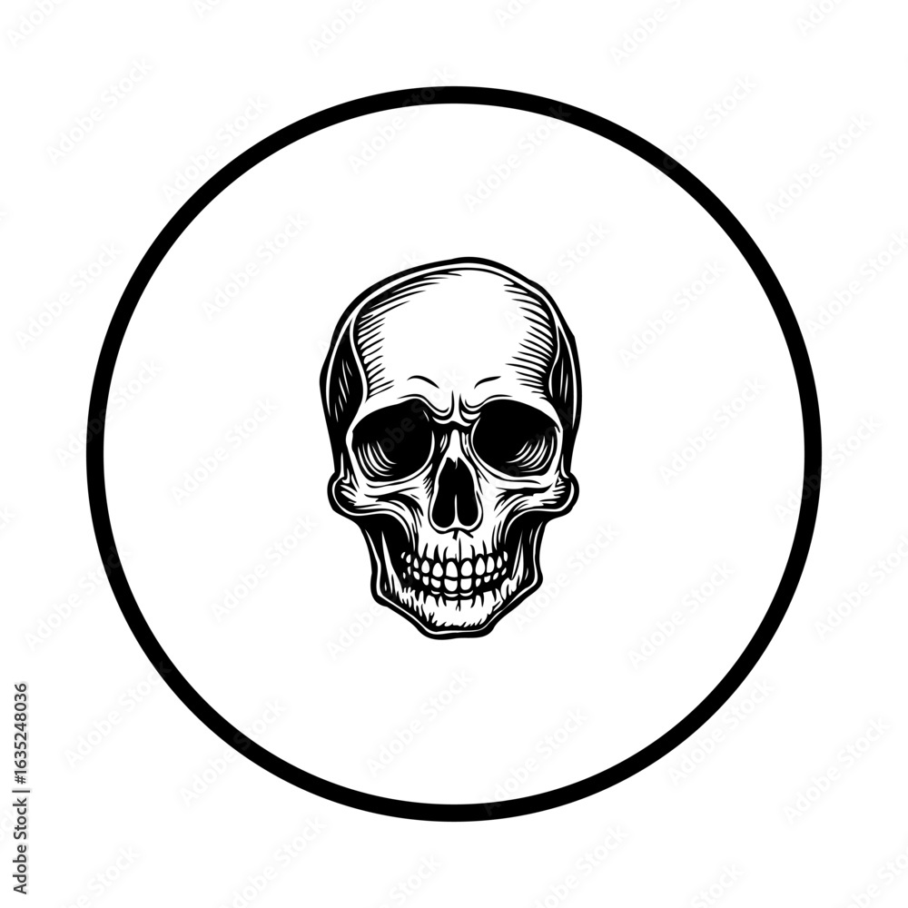 Fototapeta premium Illustrative skull emblem design with distinct shading and outlined in a circular graphic minimalist element