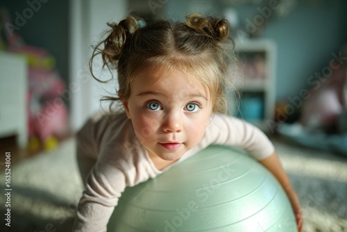 Charming young girl plays with a Pilates ball in natural light
