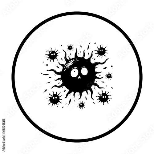 Conceptual artistic cartoon representing coronavirus pandemic with terrified face and black and white color palette and vector illustration