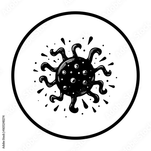 monochrome coronavirus illustration design for health promotion during pandemic highlighting viral structure and transmission, focusing on medical prevention
