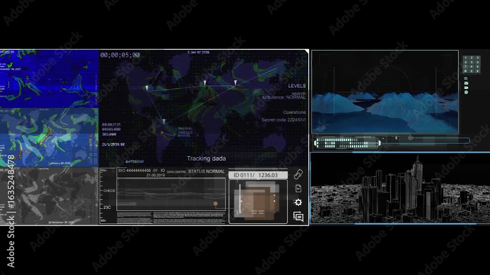 Aerial Map Display A computer screen displays several satellite images including a world ...