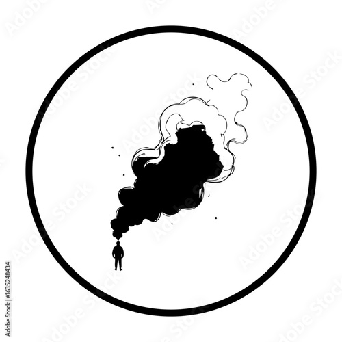 Silhouette of a person emitting black smoke, an artistic depiction illustrating issues relating to mental, social, and environmental challenges