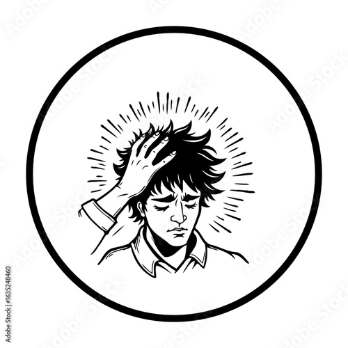 Conceptual Black and White Illustration Displaying Stress, Depression, Overwhelmed, or Suffering Mental Health Issues, Ailing Young Man