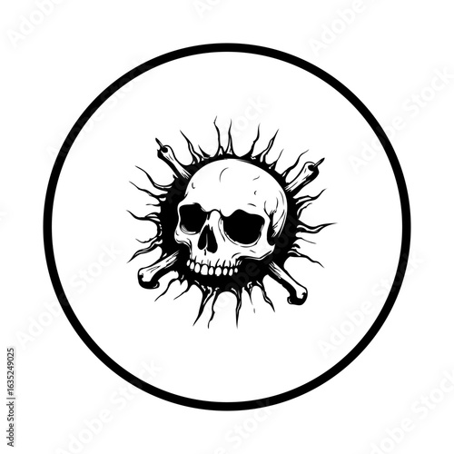 Monochrome skull with rays in circle emblem a captivating symbol for dark aesthetic designs and artistic expression