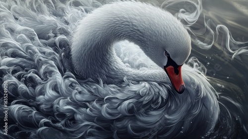 Fototapeta Naklejka Na Ścianę i Meble -  Elegant Swan Portrait: White Feathers Red Beak Serene Waterfowl Beauty.