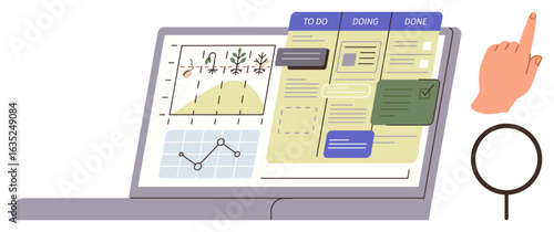 Open laptop showing task management board with to-do lists, graphs, and progress statuses. Includes a pointing hand and magnifying lens. Ideal for productivity, planning, work management
