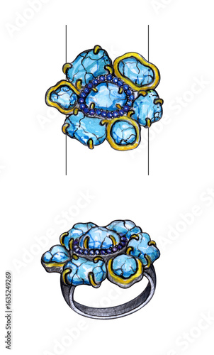 Jewelry design art ring with turquoise and blue sapphire by hand drawn.