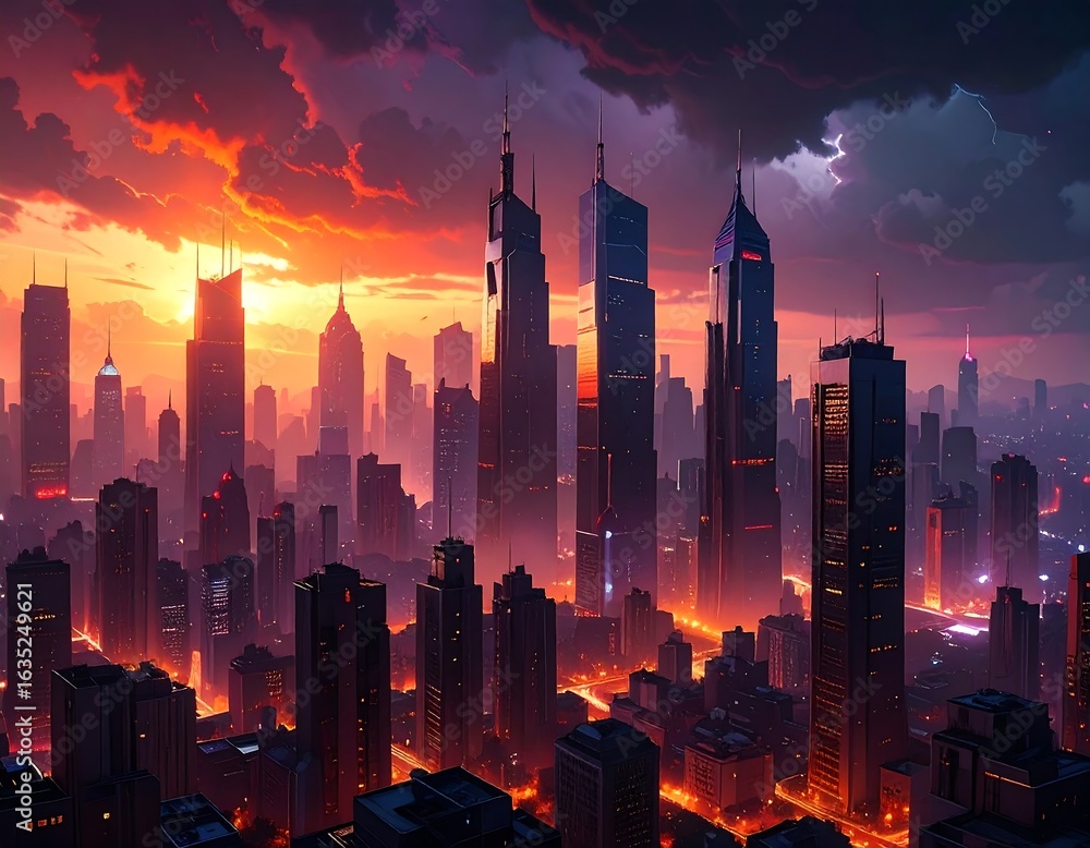 Fototapeta premium Futuristic city skyline at sunset