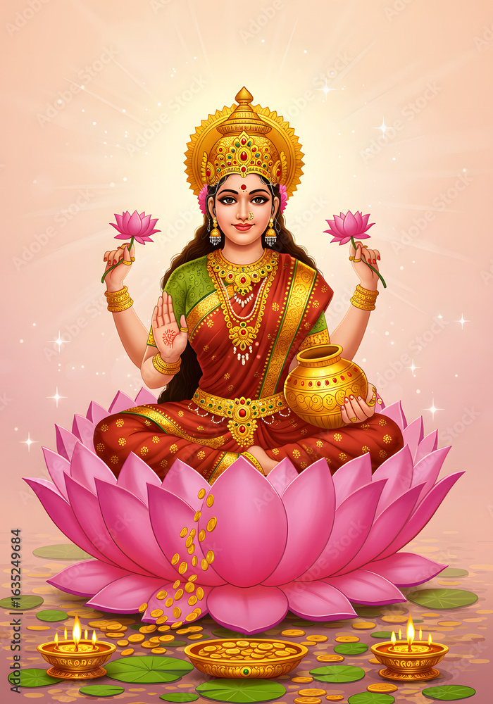 Fototapeta premium Hindu goddess Lakshmi sitting on a lotus flower, holding lotuses and a pot of gold coins.