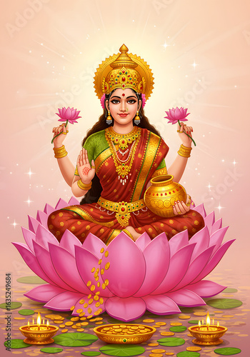 Hindu goddess Lakshmi sitting on a lotus flower, holding lotuses and a pot of gold coins.