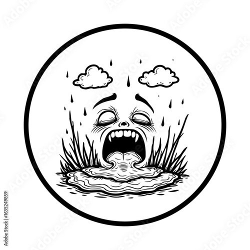 Disturbing image depicting a character with a wide open mouth seemingly vomiting water under rain and clouds representing sadness