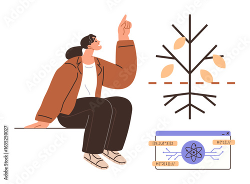 Woman sitting thoughtfully, pointing upward near a branching tree-thumbs up diagram, genetic data, and atom graphic. Ideal for science, education, research, innovation, biology artificial