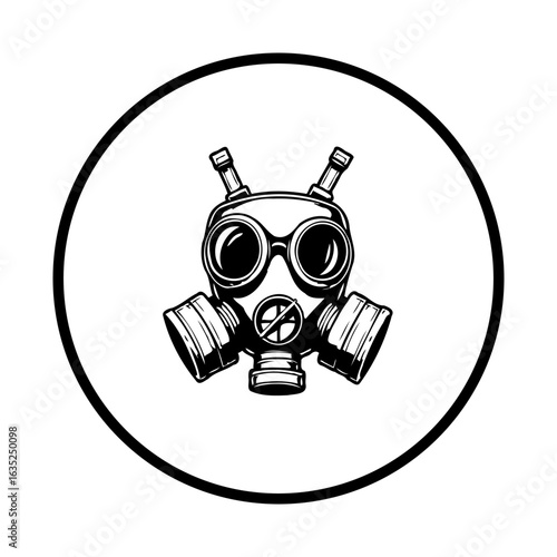A black and white vector illustration of a gas mask inside a circle shape depicting protection