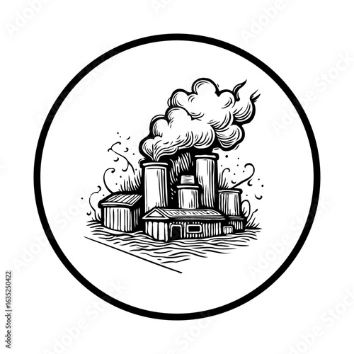 Industrial factory sketch illustration showcasing smoke pollution emissions symbol of environmental degradation and impact concept art with circle