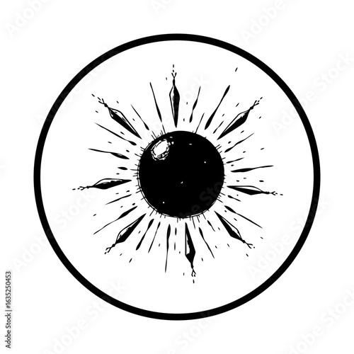 Mystic sun illustration in the circle symbolizing spiritual enlightenment and cosmic energy with magical drawing details