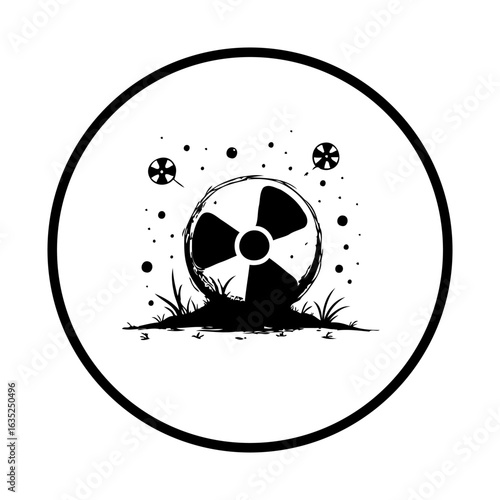 Conceptual art depicting nuclear hazard with radiation symbol surrounded by polluted landscape elements and environmental concerns