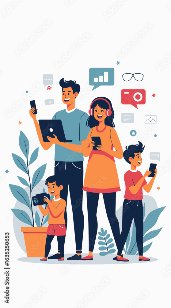Obraz premium A modern family living in the digital era, with parents and children using their gadgets