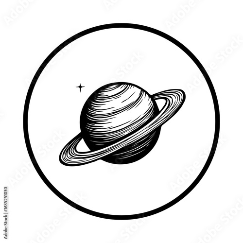 Saturn illustration with rings and a star on white background to represent space and galaxy concept