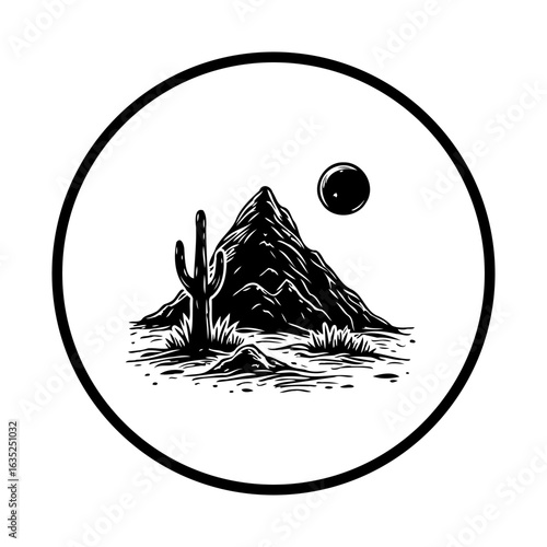 Black and white desert landscape vector illustration featuring a cactus mountain and sun isolated on the white background