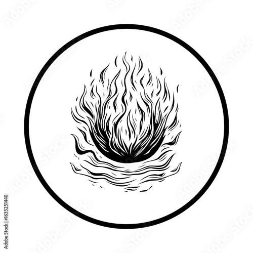 Illustration of flames and waves inside a circle representing a symbol of transformation and change with artistic lines