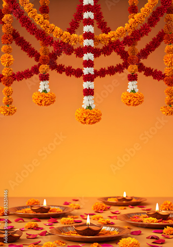 Vibrant floral garlands and diyas illuminate a festive scene, creating a warm and celebratory atmosphere.