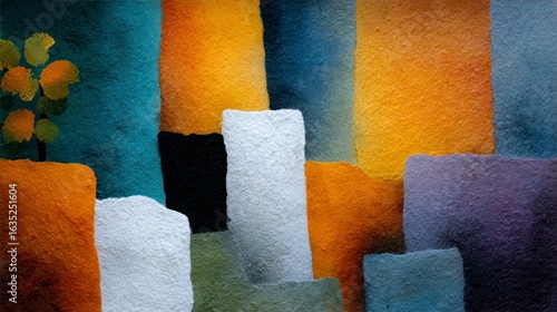 Abstract textured blocks of color with impressionistic tree motif art background