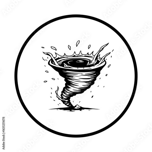 Dynamic tornado emblem illustration showcasing swirling funnel with debris capturing powerful force within circular frame displaying nature's strength