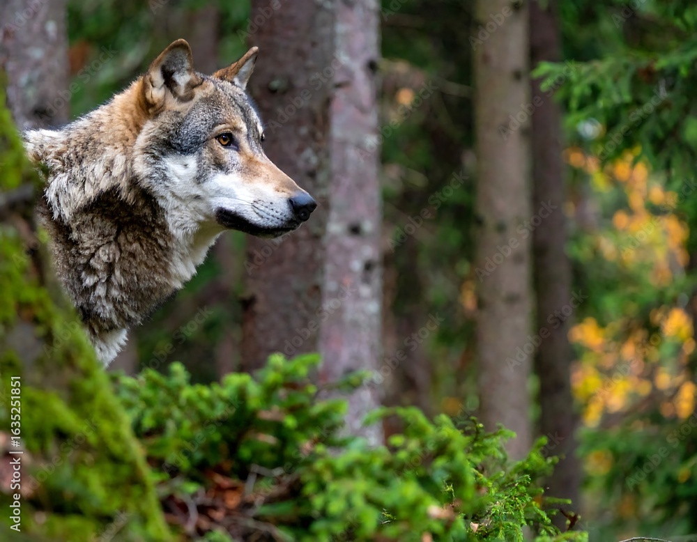 Obraz premium Grey wolf in autumn forest