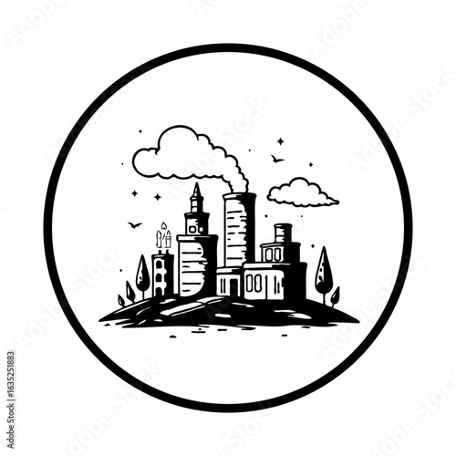 Monochrome minimalist cityscape drawing showcasing industrial elements and nature within a circular frame offering a modern urban scene