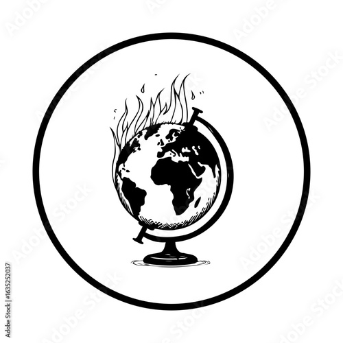 Conceptual artwork depicting the globe on fire symbolizing global warming and climate change challenges impact humanity