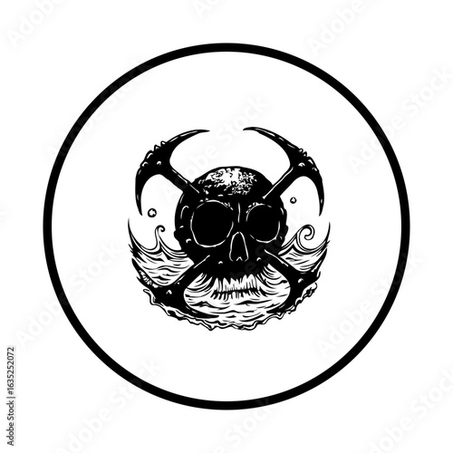 Mystical skull and cross axes emblem in black and white design suitable for tattoo studio and t shirt printing