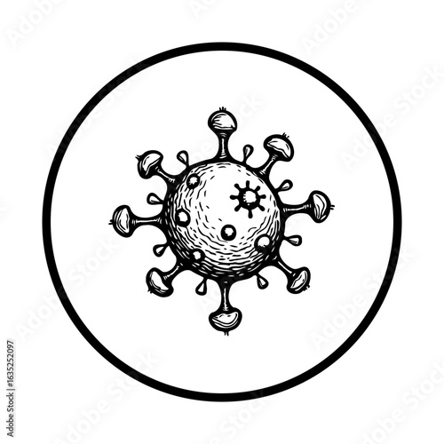 Detailed monochrome vector illustration featuring a corona virus within a circular frame, illustrating pandemic themes and health