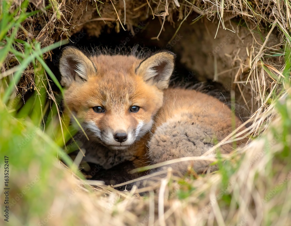 Naklejka premium Fox pup in a burrow